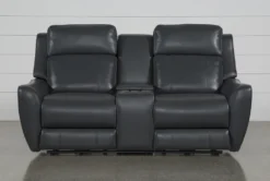 Bridget Grey 74" Power Reclining Console Loveseat With Power Headrest, Lumbar & USB -Living Room Furniture Shop 248841 grey polyester console loveseat front 02