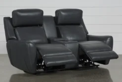 Bridget Grey 74" Power Reclining Console Loveseat With Power Headrest, Lumbar & USB -Living Room Furniture Shop 248841 grey polyester console loveseat recline 04