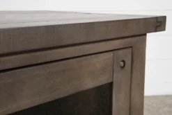Jaxon Grey 68" TV Stand With Glass Doors -Living Room Furniture Shop 249579 grey wood media console detail 06