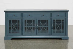 Belle Blue 70" TV Stand With Glass Doors -Living Room Furniture Shop 250744 blue wood media console front 02