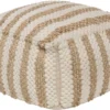 Pouf-Khaki Jute And Chenille Stripes