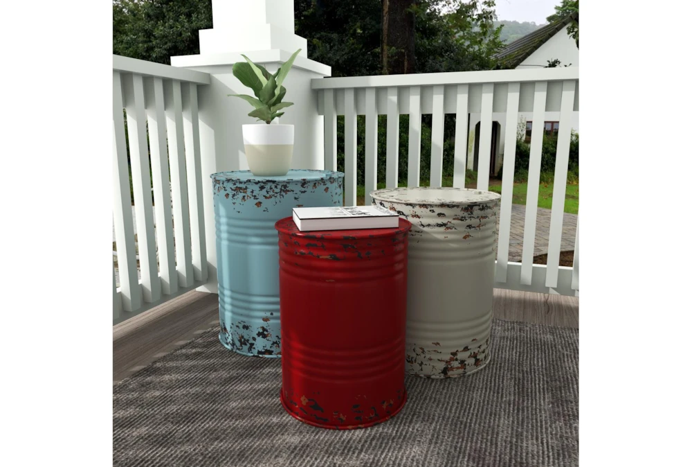 Red, White, & Blue Small Metal Drum Round End Tables-Set Of 3 14 Red, White, & Blue Small Metal Drum Round End Tables-Set Of 3 - Image 14
