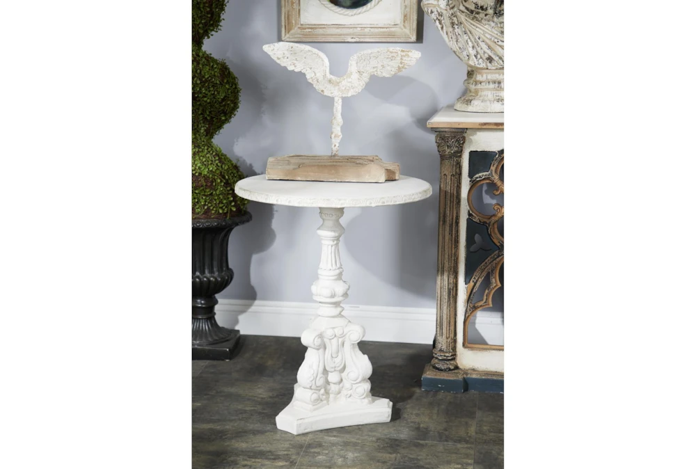 French Country Round White Wooden End Table With Ornate Scrollwork 4 French Country Round White Wooden End Table With Ornate Scrollwork - Image 4