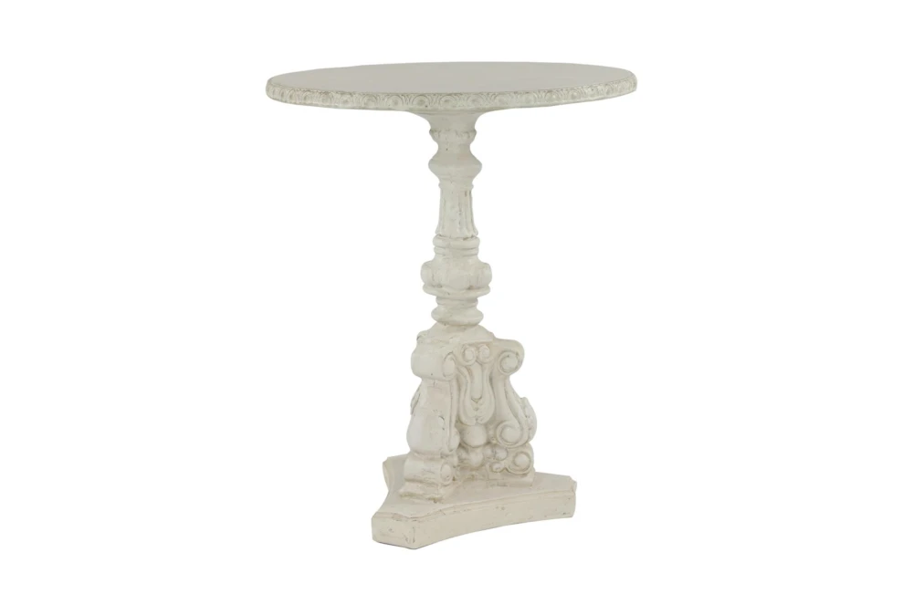 French Country Round White Wooden End Table With Ornate Scrollwork 6 French Country Round White Wooden End Table With Ornate Scrollwork - Image 6