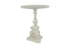 French Country Round White Wooden End Table With Ornate Scrollwork