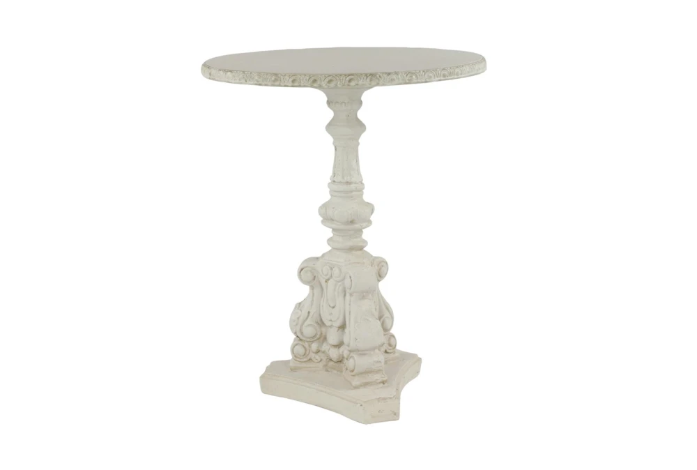French Country Round White Wooden End Table With Ornate Scrollwork 1 French Country Round White Wooden End Table With Ornate Scrollwork