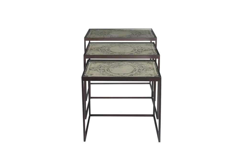 Small Black Metal & Carved Vintage Grey Wood Nesting Accent Tables-Set Of 3 2 Small Black Metal & Carved Vintage Grey Wood Nesting Accent Tables-Set Of 3 - Image 2