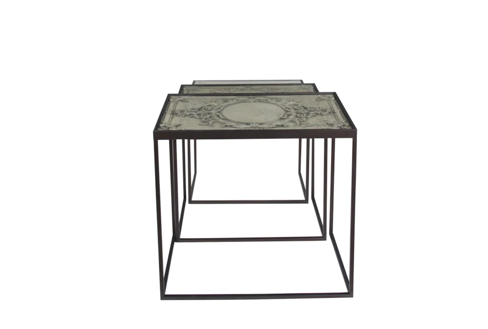 Small Black Metal & Carved Vintage Grey Wood Nesting Accent Tables-Set Of 3 3 Small Black Metal & Carved Vintage Grey Wood Nesting Accent Tables-Set Of 3 - Image 3