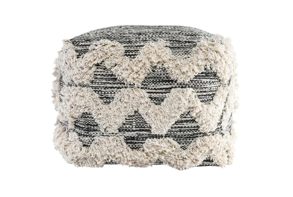 Pouf-Black + Ivory Textured Fringe 18X18X14 2 Pouf-Black + Ivory Textured Fringe 18X18X14 - Image 2