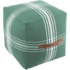 16X16 Green And White Plaid Cube Pouf With Cognac Leather Handle