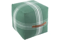 16X16 Green And White Plaid Cube Pouf With Cognac Leather Handle