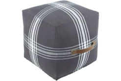 16X16 Charcoal + White Plaid Cube Pouf With Cognac Leather Handle