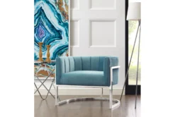 Deanna Sea Blue Velvet Accent Chair With Silver Base -Living Room Furniture Shop 304042 blue fabric accent chair room 85