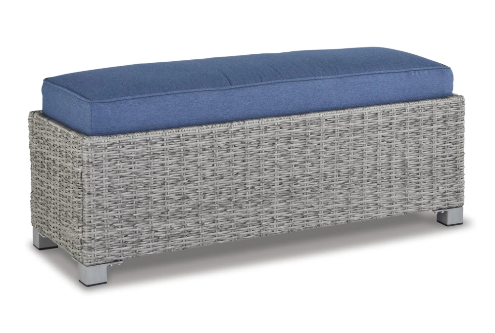 Peninsula Grey Outdoor Bench With Blue Cushion 1 Peninsula Grey Outdoor Bench With Blue Cushion