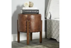 Brown Leather & Teak Wood Stool -Living Room Furniture Shop 320248 brown wood accent table room 85