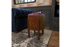Brown Leather & Teak Wood Stool -Living Room Furniture Shop 320248 brown wood accent table room 89