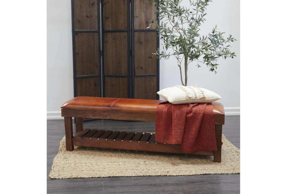 61" Rustic Brown Leather Bench 5 61" Rustic Brown Leather Bench - Image 5