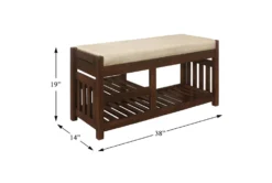 38" Dark Walnut Wood + Fabirc Bench With Open Shelves -Living Room Furniture Shop 320662 brown wood bench detail 45