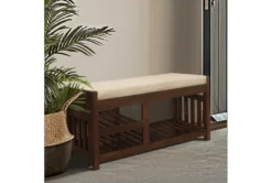 38" Dark Walnut Wood + Fabirc Bench With Open Shelves -Living Room Furniture Shop 320662 brown wood bench room 85