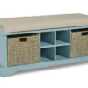 42" Teal Engineered Wood + Fabric Seating Storage Bench With Two Woven Baskets
