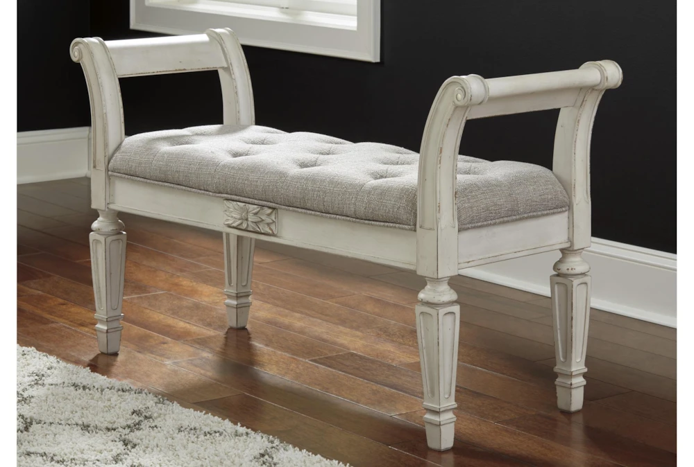 46" Antique White Wood + Fabric Seating Accent Bench 5 46" Antique White Wood + Fabric Seating Accent Bench - Image 5
