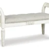 46" Antique White Wood + Fabric Seating Accent Bench