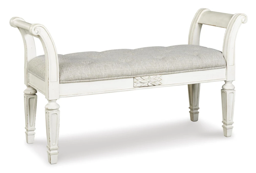 46" Antique White Wood + Fabric Seating Accent Bench 1 46" Antique White Wood + Fabric Seating Accent Bench