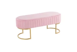 41" Pink Velvet Pleated Bench With Gold Base