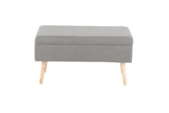 31" Grey Storage Bench With Natural Wood Legs -Living Room Furniture Shop 326554 grey polyester bench front 03